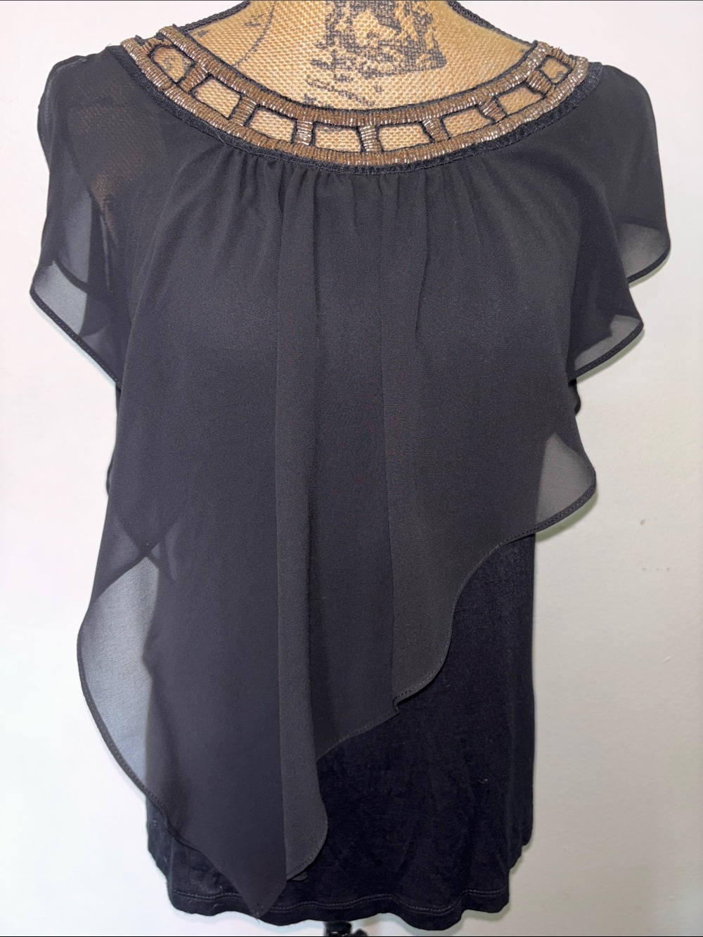 Iz Byer Black Sheer Asymmetrical Overlay Top with Beaded Neckline
